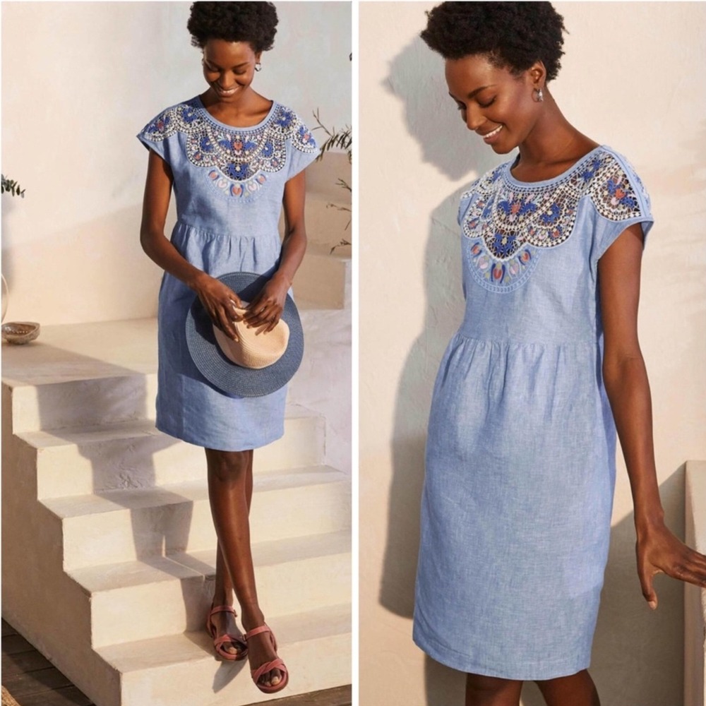 BODEN Linen Dress 10R Embroidered Crochet Lace Boho Shift Blue Summer Floral - Picture 2 of 10